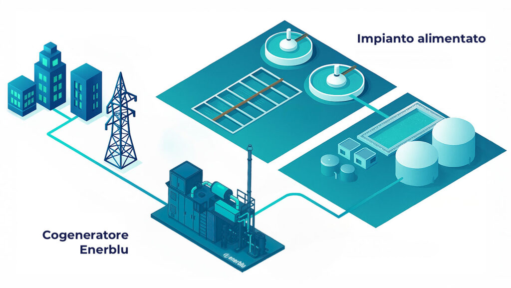 Schema grafico dalle acque reflue all'efficienza energetica con cogeneratore Enerblu a Biogas e Biometano